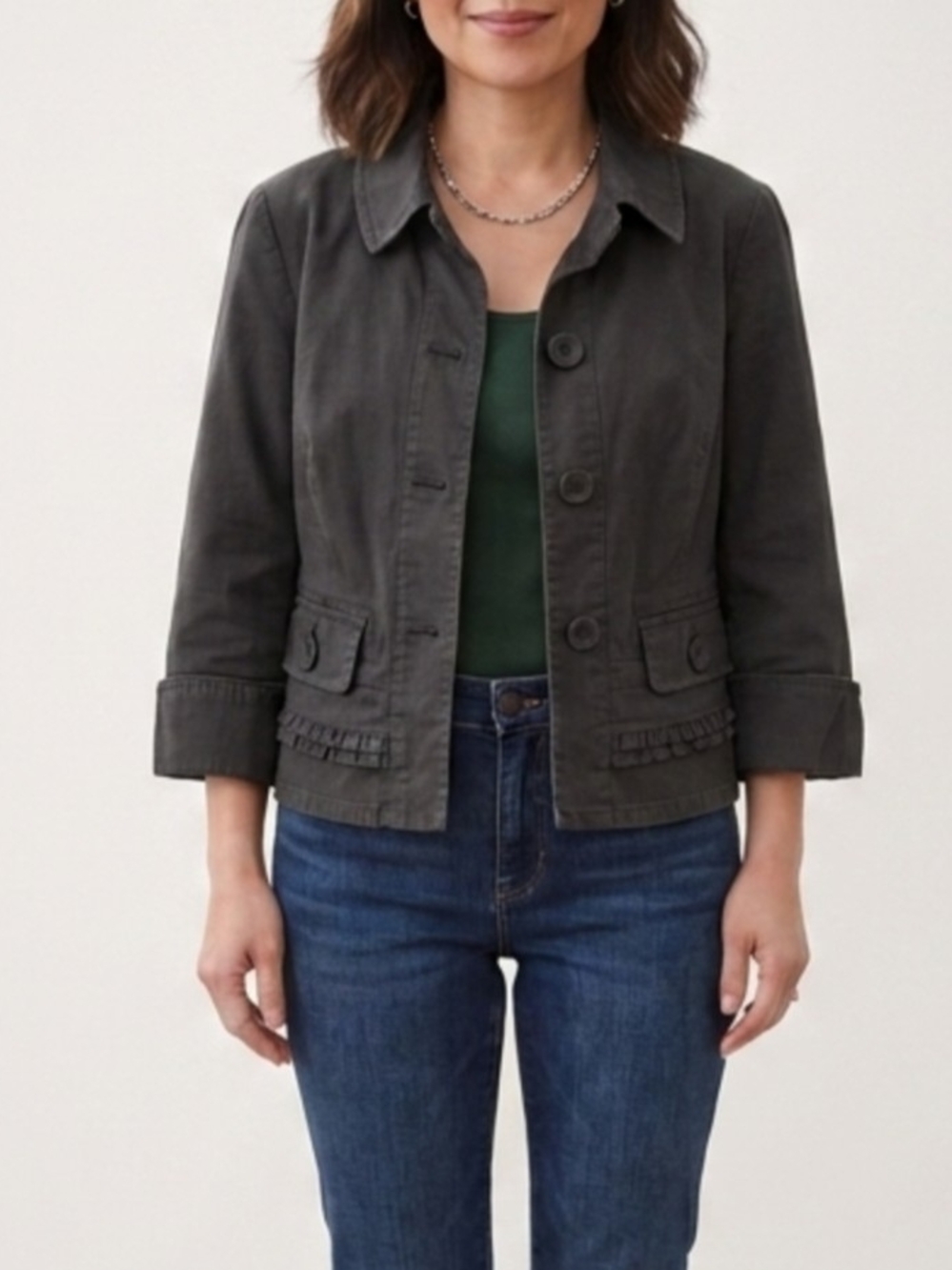 Talbots Stretch Navy Cotton Button-Front Utility Jacket